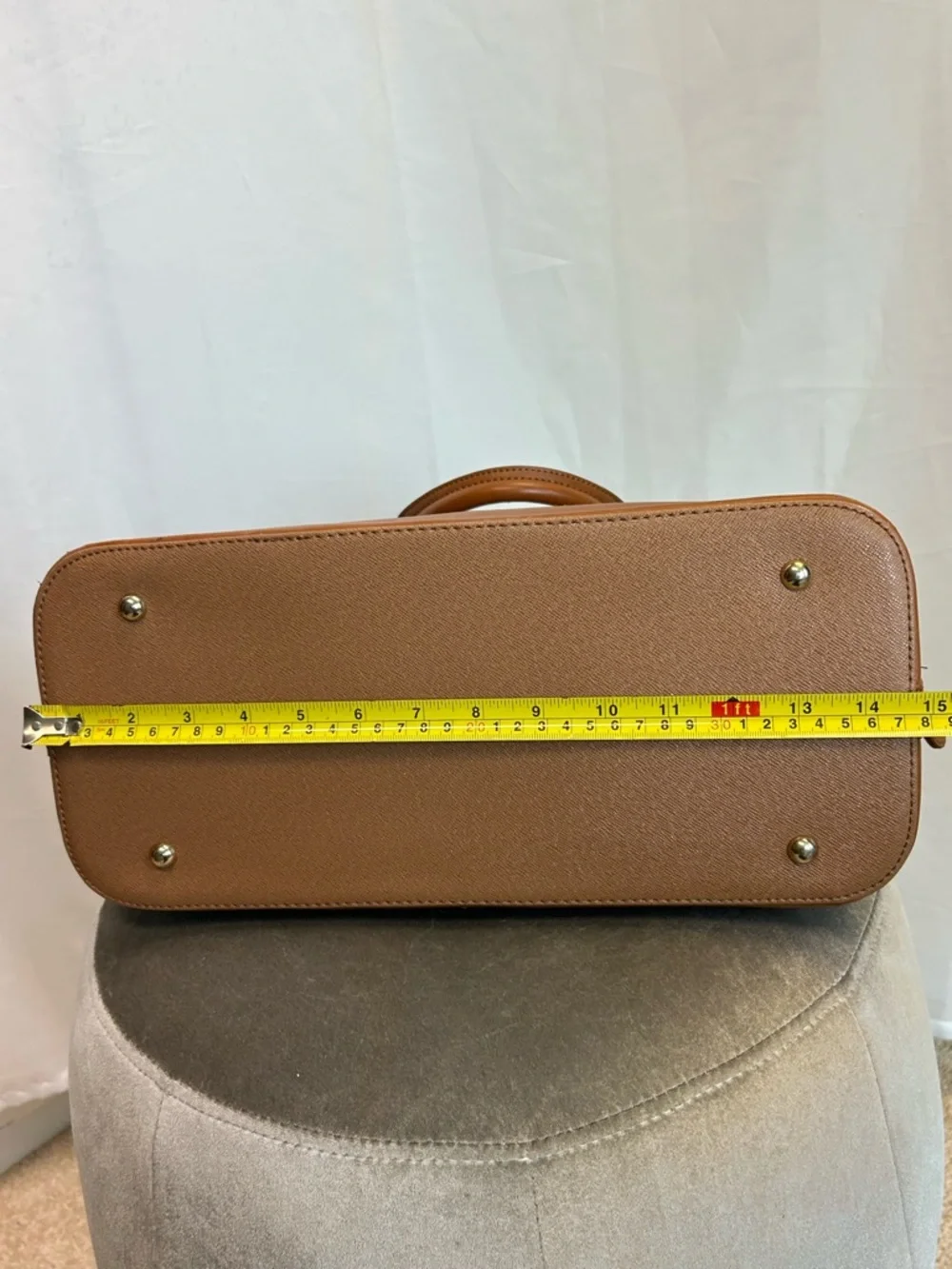 JustFab Camel brown faux leather satchel handbag tote dome shape gold-tone